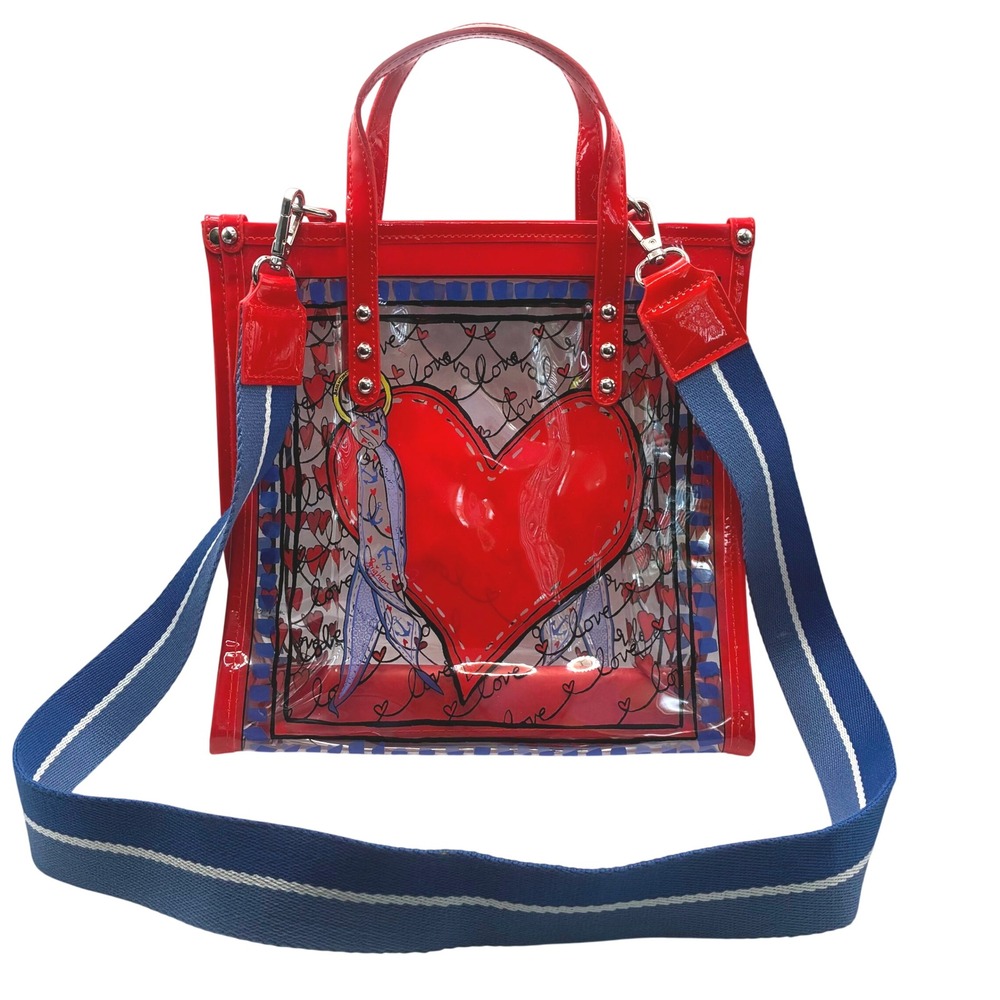 BRIGHTON STRIPED LOVE CLEAR TOTE Crossbody Blue Canvas Strap Heart Graphic